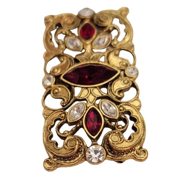 1928 Brand Gold Tone Red, Clear Glass Rhinestone Scroll Bar Brooch Pin E489 - Picture 3 of 9